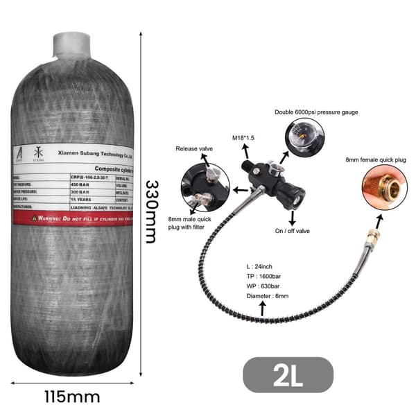 TUXING Hiilikuitusylinteri, 2L kapasiteetti, 300 BAR työpaine,2L venttiilillä, 2L