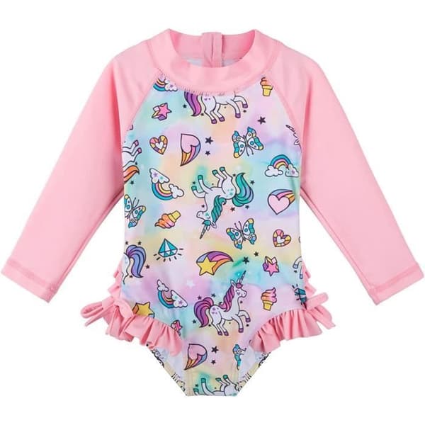XFGIRLS Girls UV Långärmad One Piece Baddräkt,6-12 månader, Rosa-Rosa Unicorn - 0632096468725