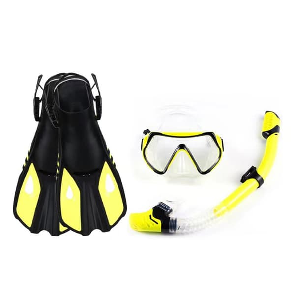 Dykutrustning, justerbara fenor, hög klar dykmask, full torr snorkel,gul L XL