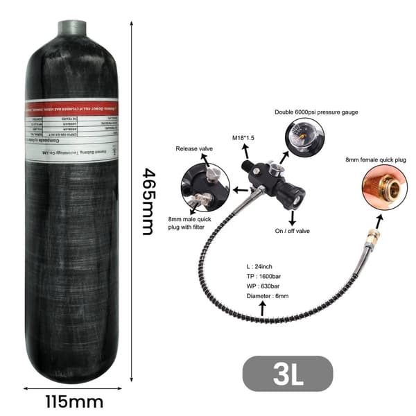 TUXING 3L Kolfiber Cylinder, 300 BAR Arbetstryck, M18*1.5 Gänga,3L med ventil