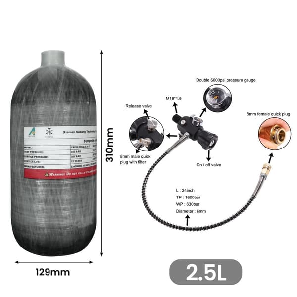 TUXING Kolfiber Cylinder, 2,5L Volym, 300 BAR Arbetstryck,2,5L med ventil