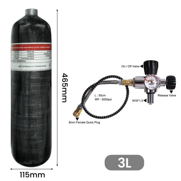 TUXING Carbonfiber Cylinder, 3L Volumen, 300 BAR Arbejdstryk,3L med ventil