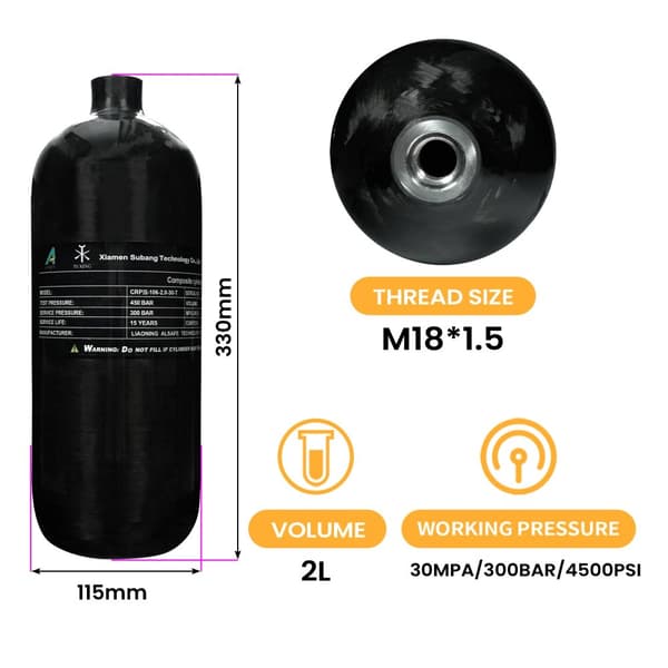 4500Psi 2L Carbon Fiber Cylinder, CE-certificeret, 300 BAR Arbejdstryk,Sort