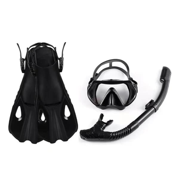 Dykutrustning, tre-fönster mask, full torr snorkel,S M Svart
