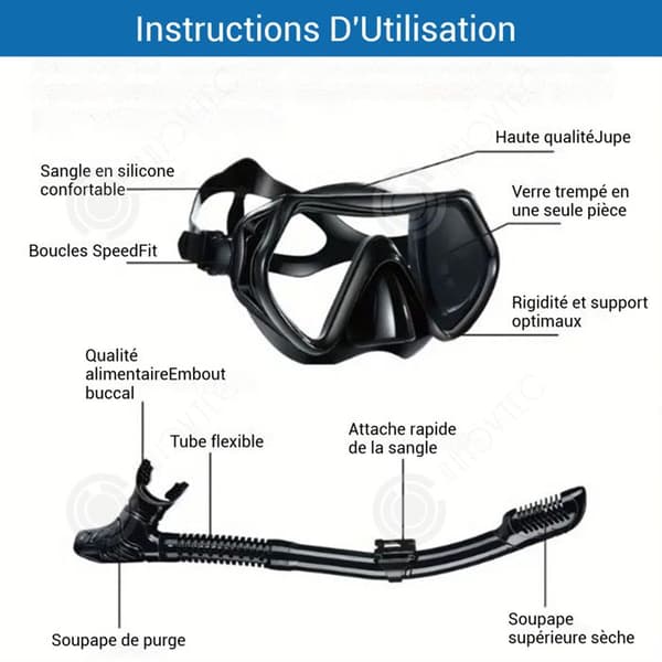 INN Dykningsmask med 3D anti-dim ventiltub, dykarkit, snorkelmask, vuxen dykmask, simglasögon