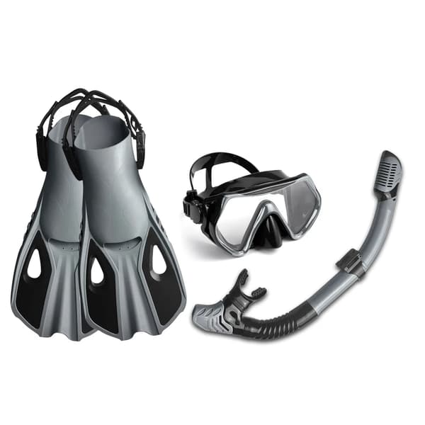 Dykkerudstyr, tre-vinduesdesign, fuld tør snorkel, justerbare finner,S/M, grå
