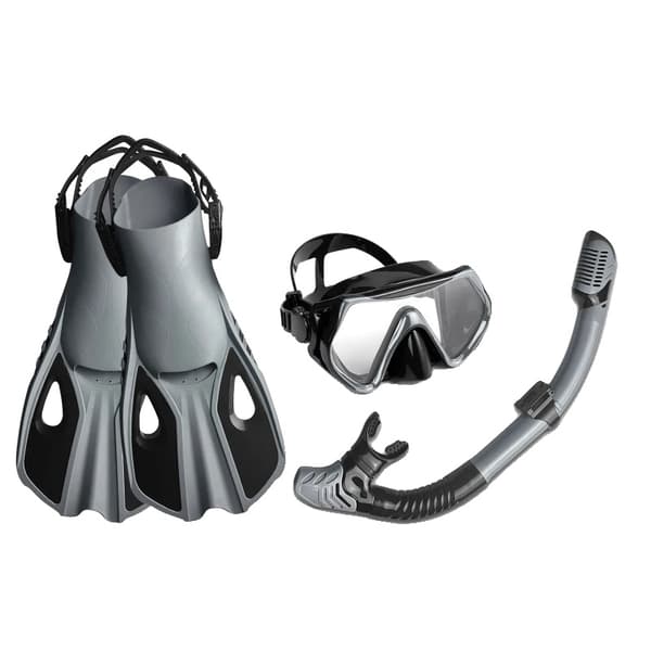 Dykkerudstyr, tre-vinduesdesign, fuld tør snorkel, justerbare finner,S/M, grå