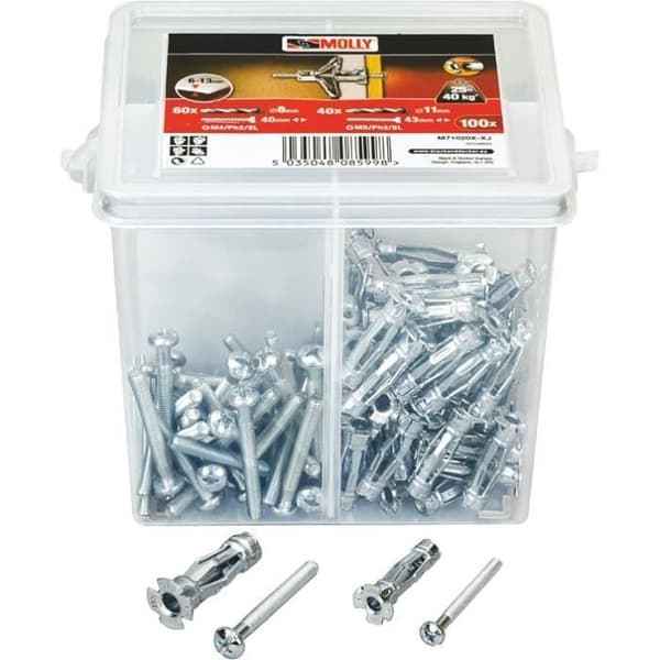 Cheville - Molly - Paket med 100 - 60 pluggar 4x33mm + skruvar - 40 pluggar 5x36mm + skruvar - Metall