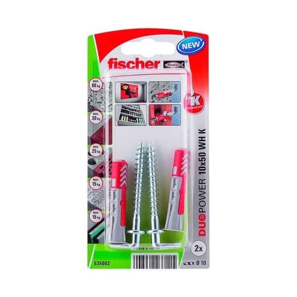 Duopower pluggar 10x50 med krok - FISCHER - Paket om 2 - Nylon - Vit