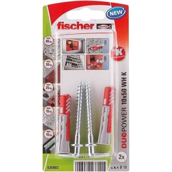 Duopower pluggar 10x50 med krok - FISCHER - Paket om 2 - Nylon - Vit