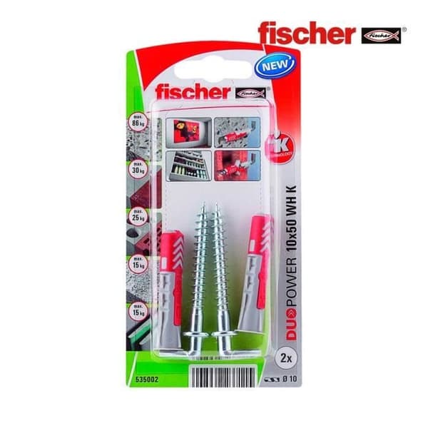 Duopower pluggar 10x50 med krok - FISCHER - Paket om 2 - Nylon - Vit