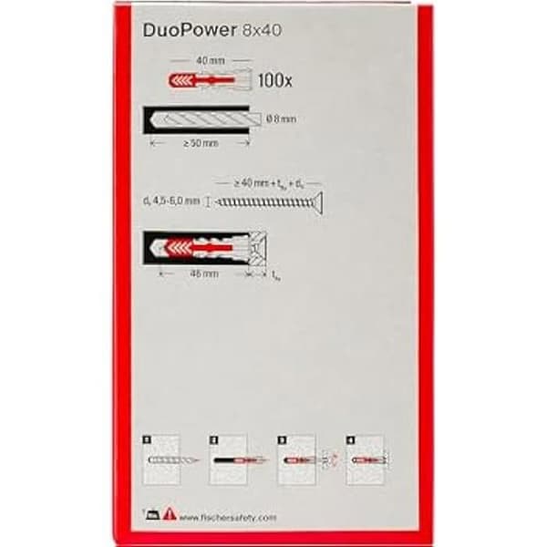 Fischer DuoPower dymlingar 8 x 40 mm för massiv vägg, perforerat tegel, gipsskivor - Paket med 100 dymlingar