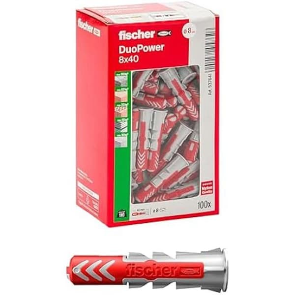 Fischer DuoPower dymlingar 8 x 40 mm för massiv vägg, perforerat tegel, gipsskivor - Paket med 100 dymlingar