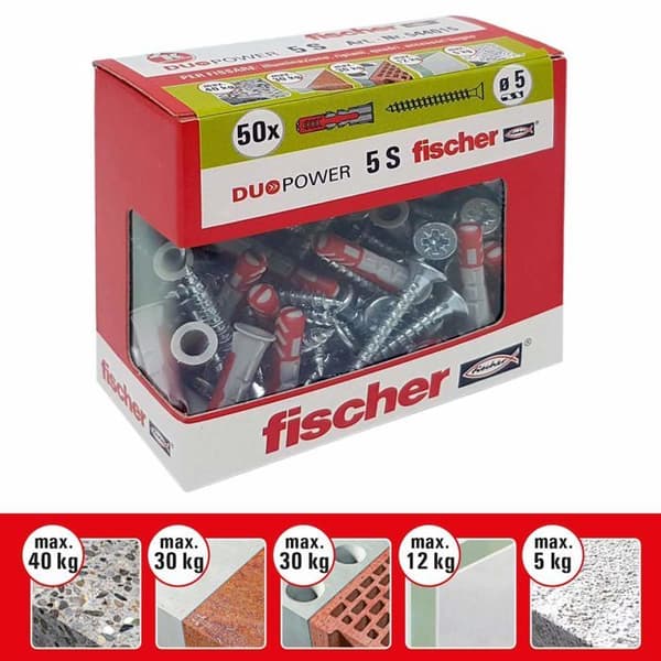 Fischer - 544015 - Paket om 50 Duopower 5 Y dymlingar med skruvar för gipsskivor och perforerad Grå 5 x 25 mm