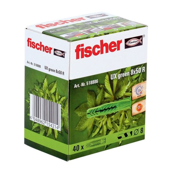 "Skruvplugg alla material - FISCHER - UX Green 8x50 - 40 stycken - Förnybara material - Nylon"