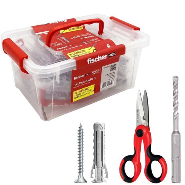 Klämmor - enkel fästning Fischer - 570210 - Förpackning med 500 SX Plus-klämmor med skruvar + ergonomiska saxar + SDS Plus-borr