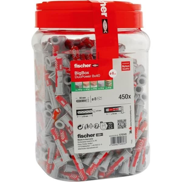 Universella pluggar - fischer - DuoPower 8x40 - 450 bitar - Nylon - Alla material