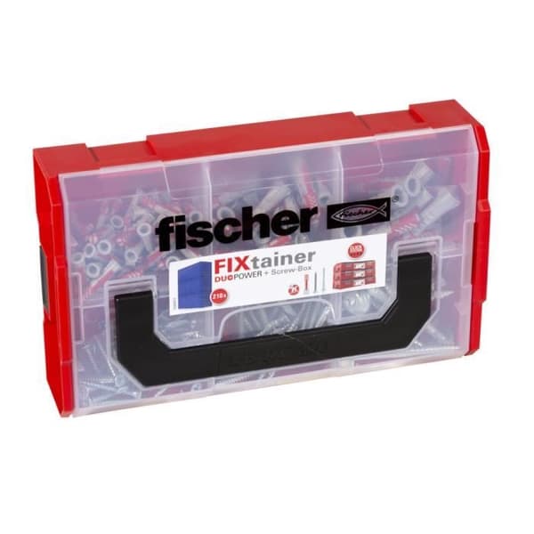 FISCHER - Fixtainer pluggar allt material DuoPower + skruvar - 60 pluggar 6x30 mm - 30 dymlingar 8x40 mm och 15 dymlingar 10x50 mm