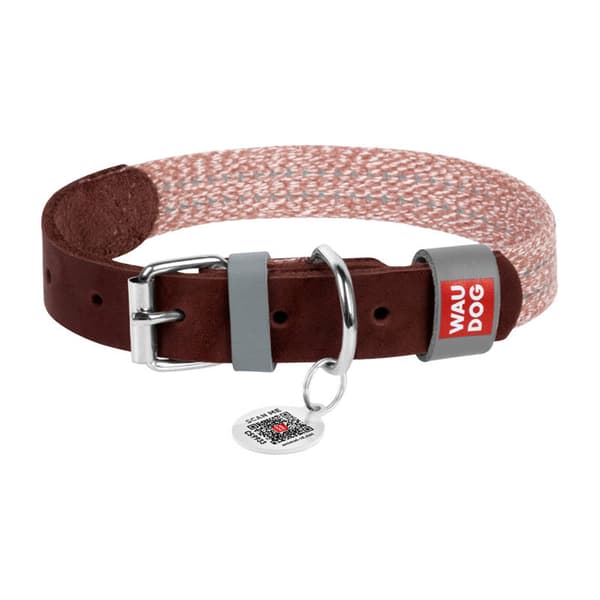 Hundhalsband av naturläder och återvunnet material med QR-kod Waudog storlek M, bredd 20 mm, brun