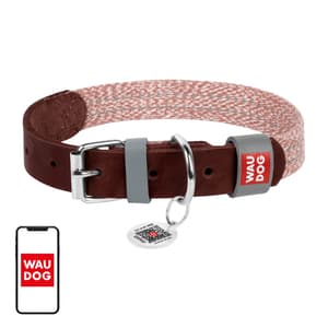 Hundhalsband av naturläder och återvunnet material med QR-kod Waudog storlek S, bredd 15 mm, brun