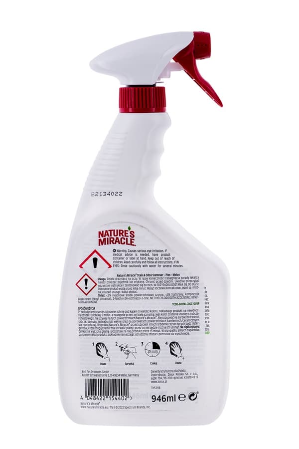 NATUR'S MIRACLE Plet- og lugtfjerner Hundemelon - Spray til rengøring og fjernelse af snavs - 946 ml