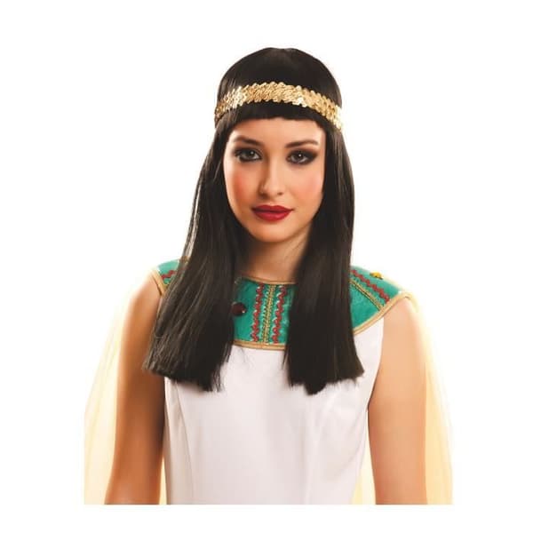 Lång perruque - Egyptisk - Svart - Syntetiska släta hår - Kort lugg - Huvudband med gyllene paljetter