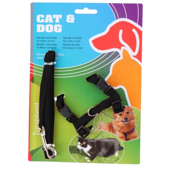 Nylonsele 30-40 cm til hund eller kat + snor 120 cm (sort)