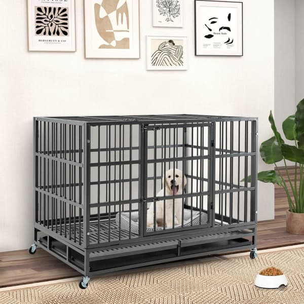 Koiran häkki, 96CM/120CM taitettava raskasmetallinen koiran häkki lukittavilla pyörillä-M, 120x76x90 cm, Musta