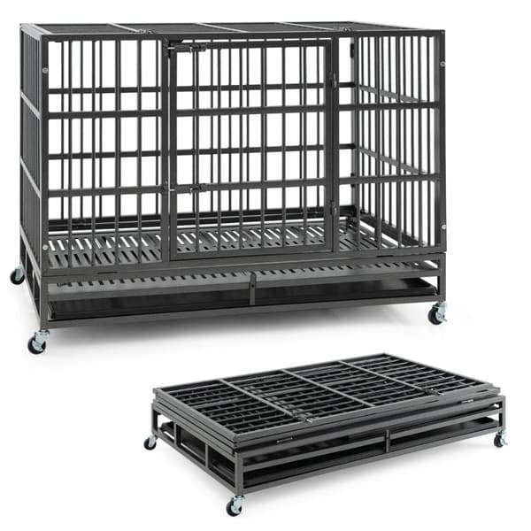 Koiran häkki, 96CM/120CM taitettava raskasmetallinen koiran häkki lukittavilla pyörillä-M, 120x76x90 cm, Musta