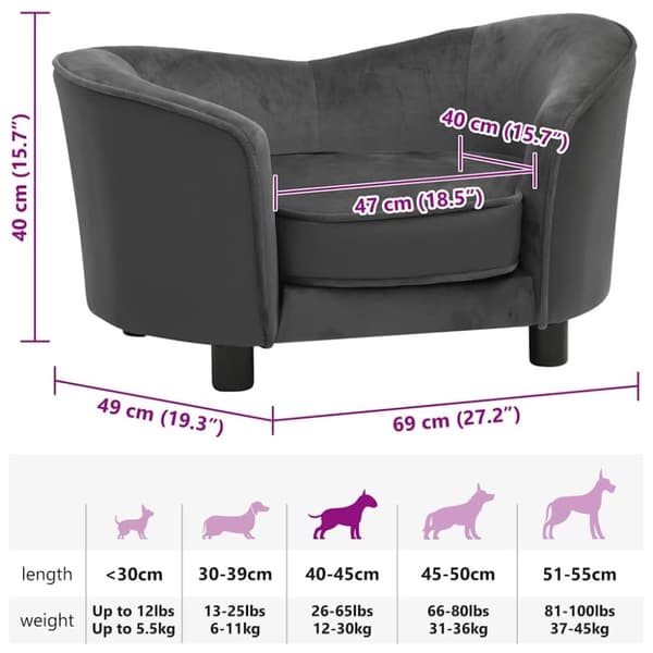 vidaXL hundesofa 69x49x40 cm plys og kunstlæder mørkegrå