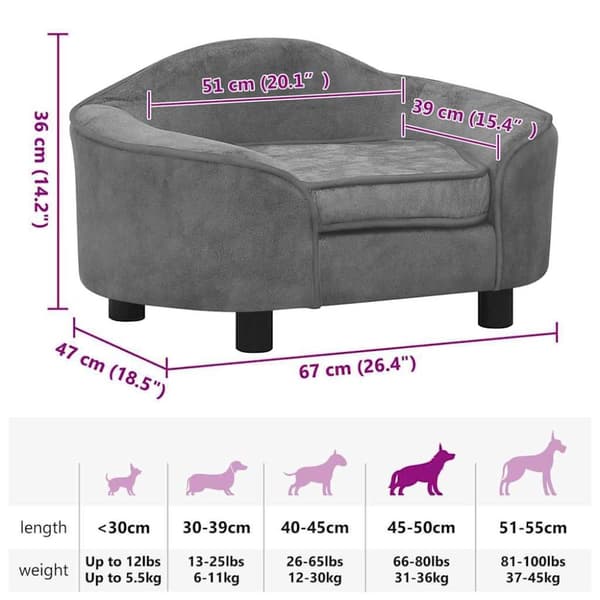 vidaXL Hundesofa grå 67x47x36 cm plysj