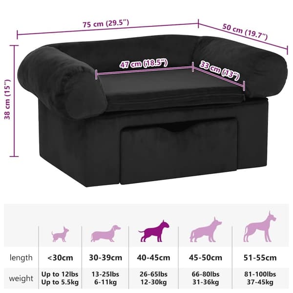 vidaXL hundesofa med skuffe 75x50x38 cm plys sort