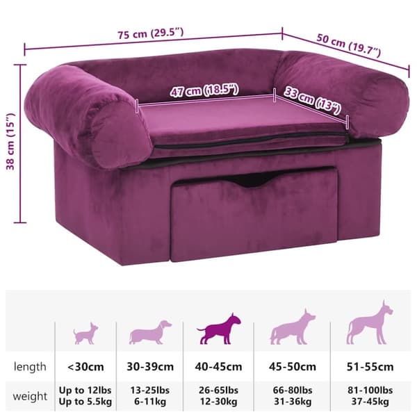 vidaXL hundesofa med skuffe 75x50x38 cm plys bordeauxfarvet