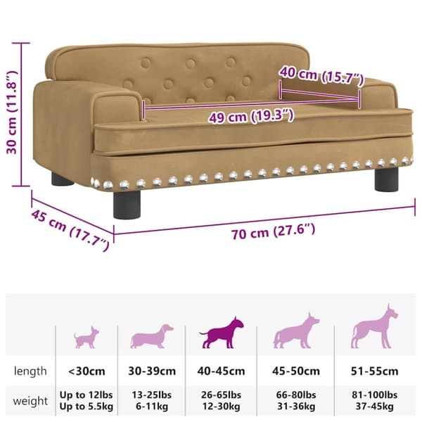 vidaXL hundeseng 70x45x30 cm velour brun