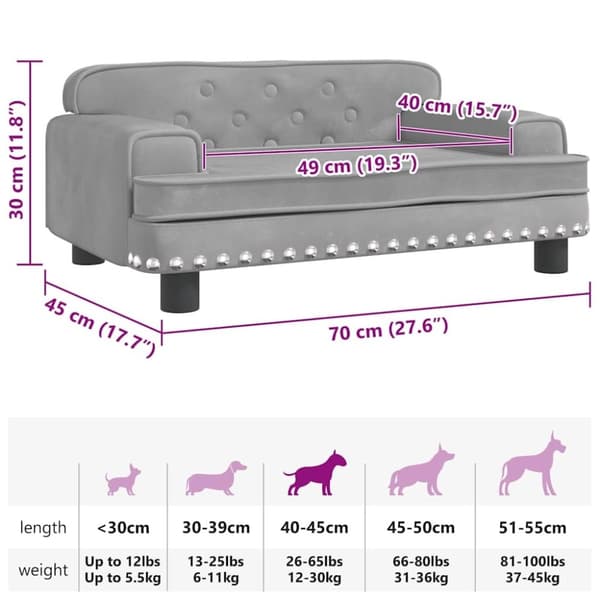 vidaXL hundeseng 70x45x30 cm velour lysegrå