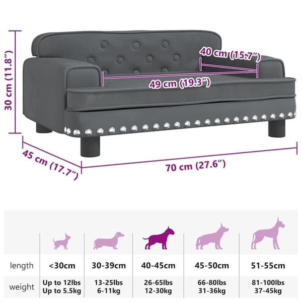 vidaXL hundeseng 70x45x30 cm velour mørkegrå
