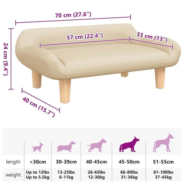 vidaXL hundeseng 70x40x24 cm stof cremefarvet