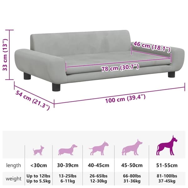 vidaXL hundeseng 100x54x33 cm velour lysegrå