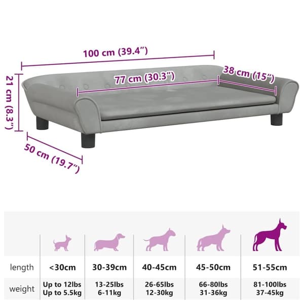vidaXL hundeseng 100x50x21 cm velour lysegrå