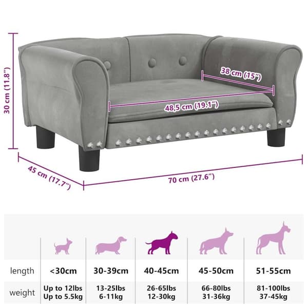 vidaXL hundeseng 70x45x30 cm velour lysegrå