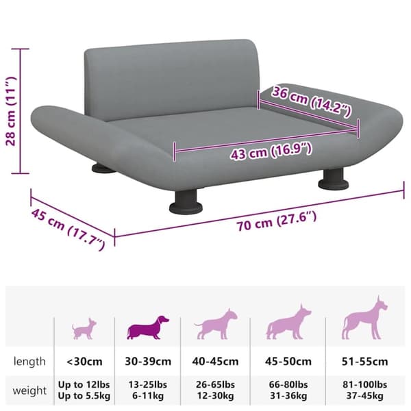 vidaXL hundeseng 70x45x28 cm stof lysegrå