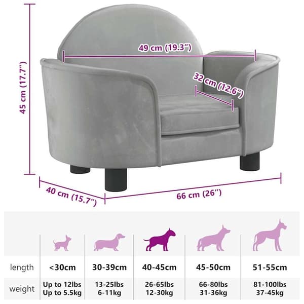 vidaXL hundeseng 66x40x45 cm velour lysegrå