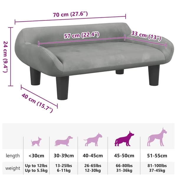 vidaXL hundeseng 70x40x24 cm velour lysegrå