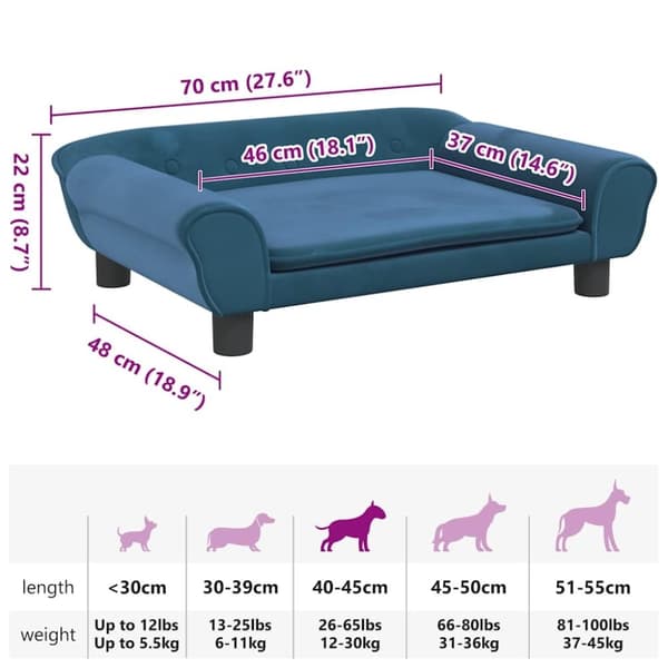 vidaXL hundeseng 70x48x22 cm velour blå
