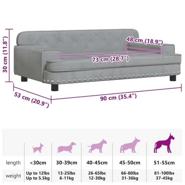 vidaXL hundeseng 90x53x30 cm velour lysegrå