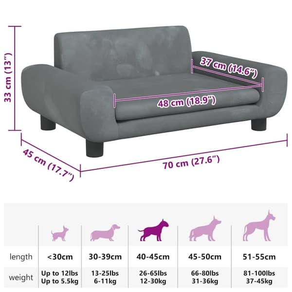 vidaXL hundeseng 70x45x33 cm velour mørkegrå