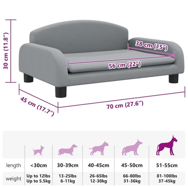 vidaXL hundeseng 70x45x30 cm stof lysegrå