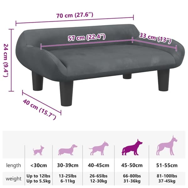 vidaXL hundeseng 70x40x24 cm velour mørkegrå