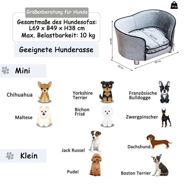 Rootz Luxury Hundesofa - Grå - Firwood, Plys - 27,17 cm x 19,29 cm x 14,96 cm