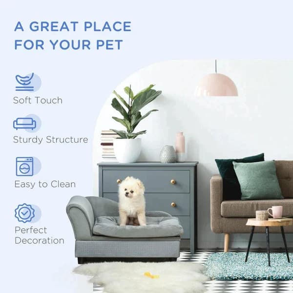 Rootz Dog Sofa - Pet Sofa with Mat - Dog Bed - Dog Mat - Natural Wood+Plush - Light Blue - 76 x 45 x 41.5cm
